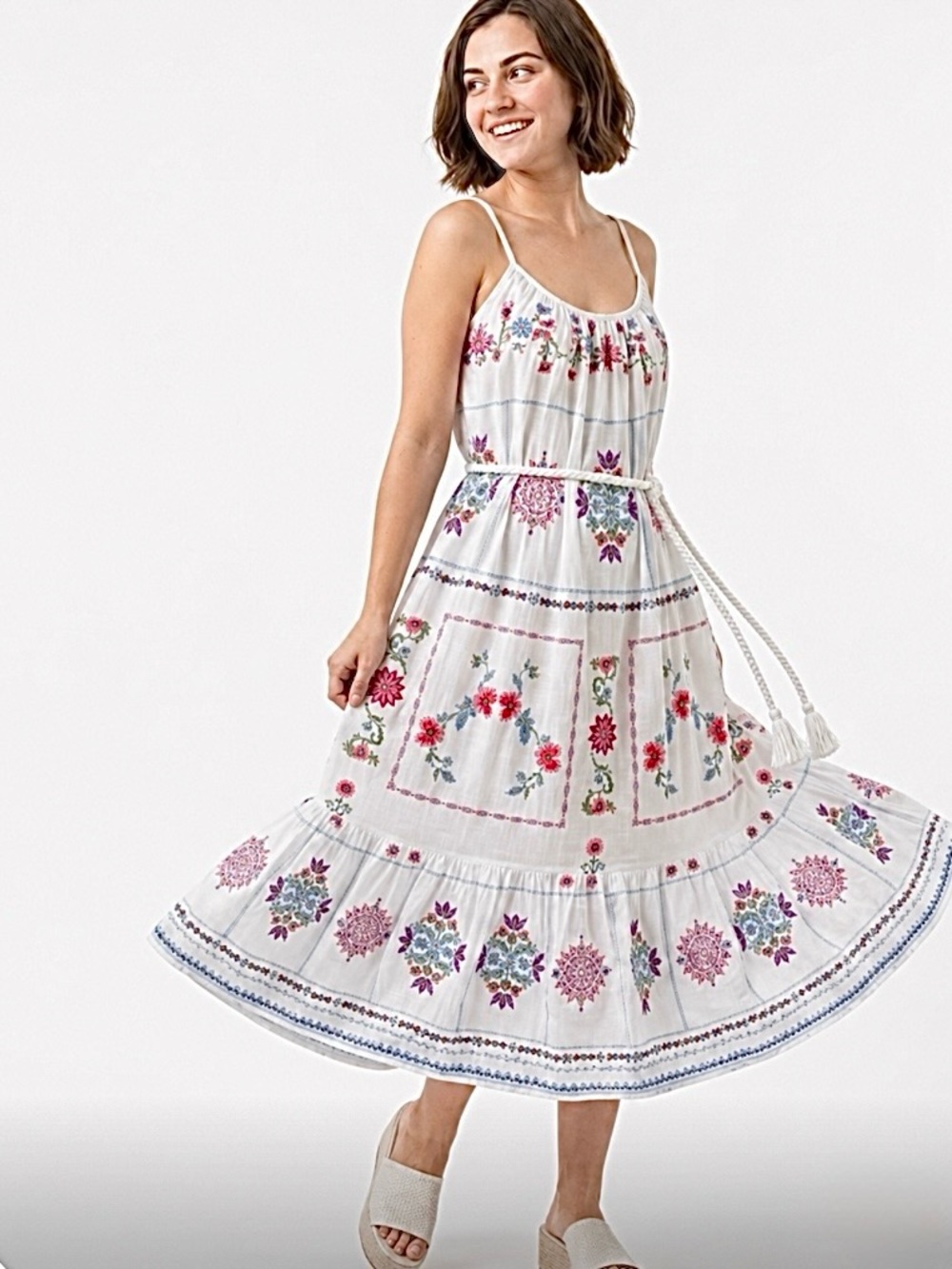 HALE BOB Embroidered Boho Midi Dress S Resort Cottagecore Peasant Festival NWT